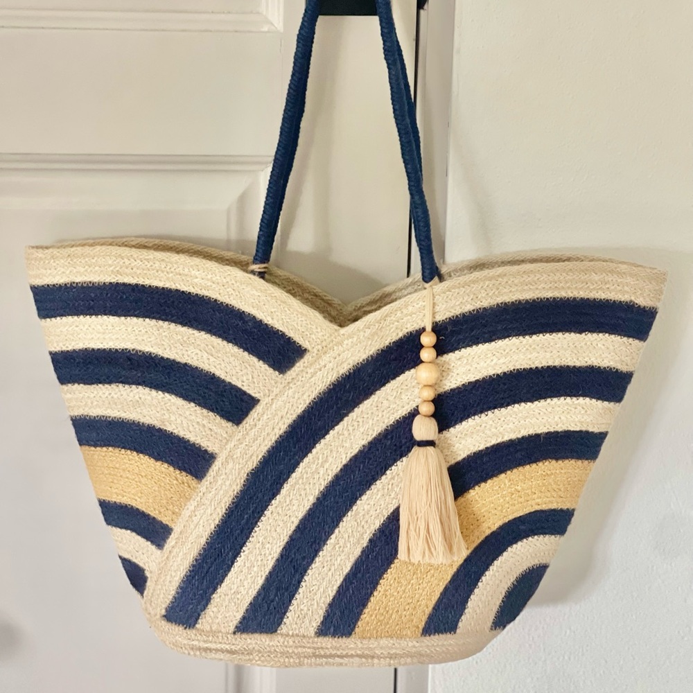 Striped Navy and Natural Tote Bag with Tassel